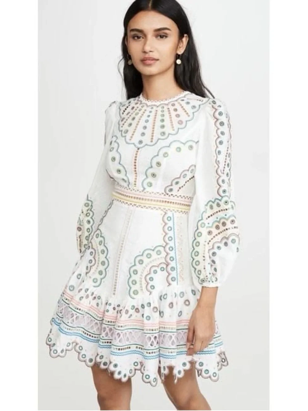 zimmermann peggy floral-embroidered linen dress Zimmermann Peggy Mini Dress Embroidered White Colorful 2-4 XS Small Linen  Cotton